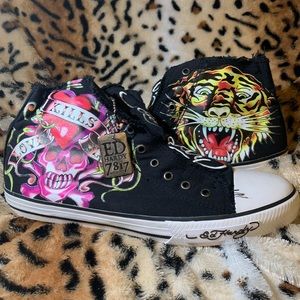 Ed Hardy Canvas Tiger Print High Top Sneakers